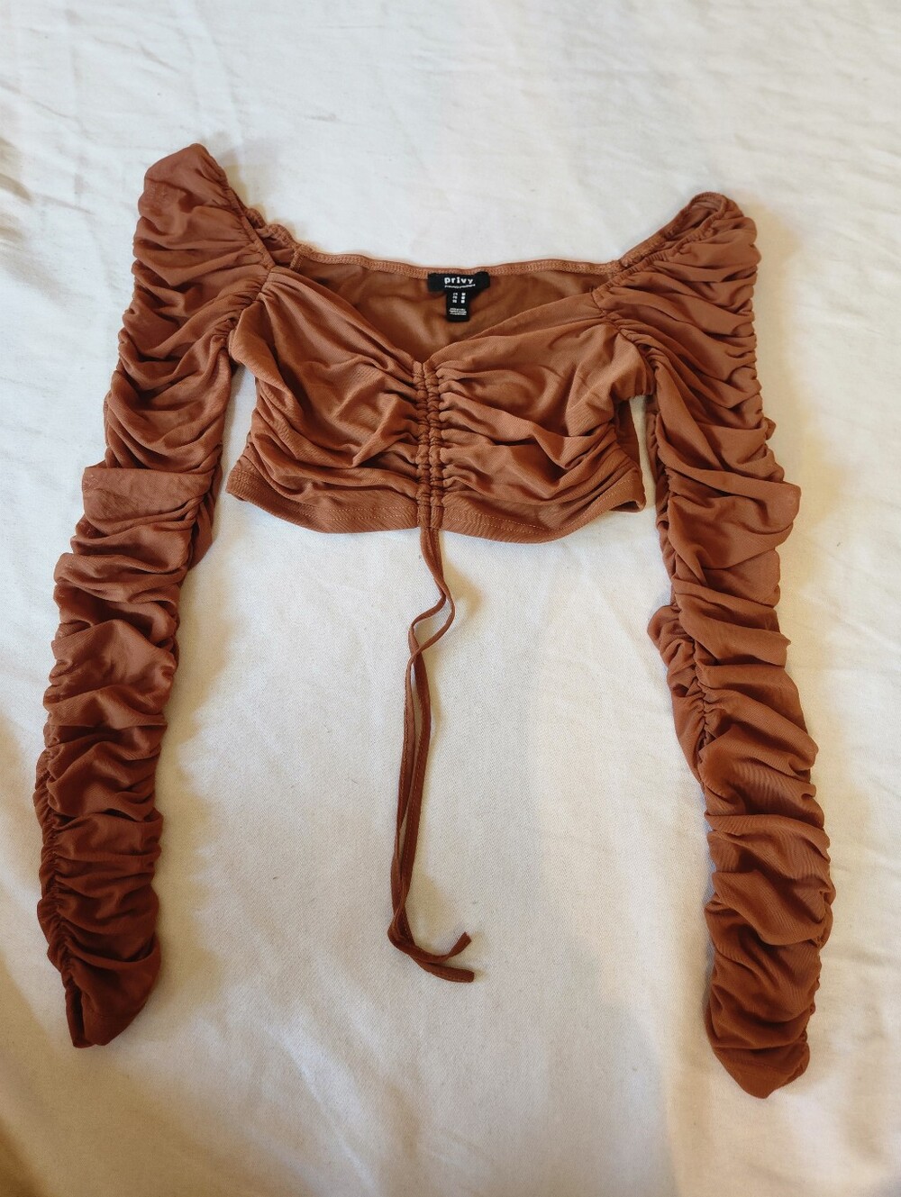Privy Brown Ruched Off Shoulder Long Sleeve Crop Top Drawstring Size M